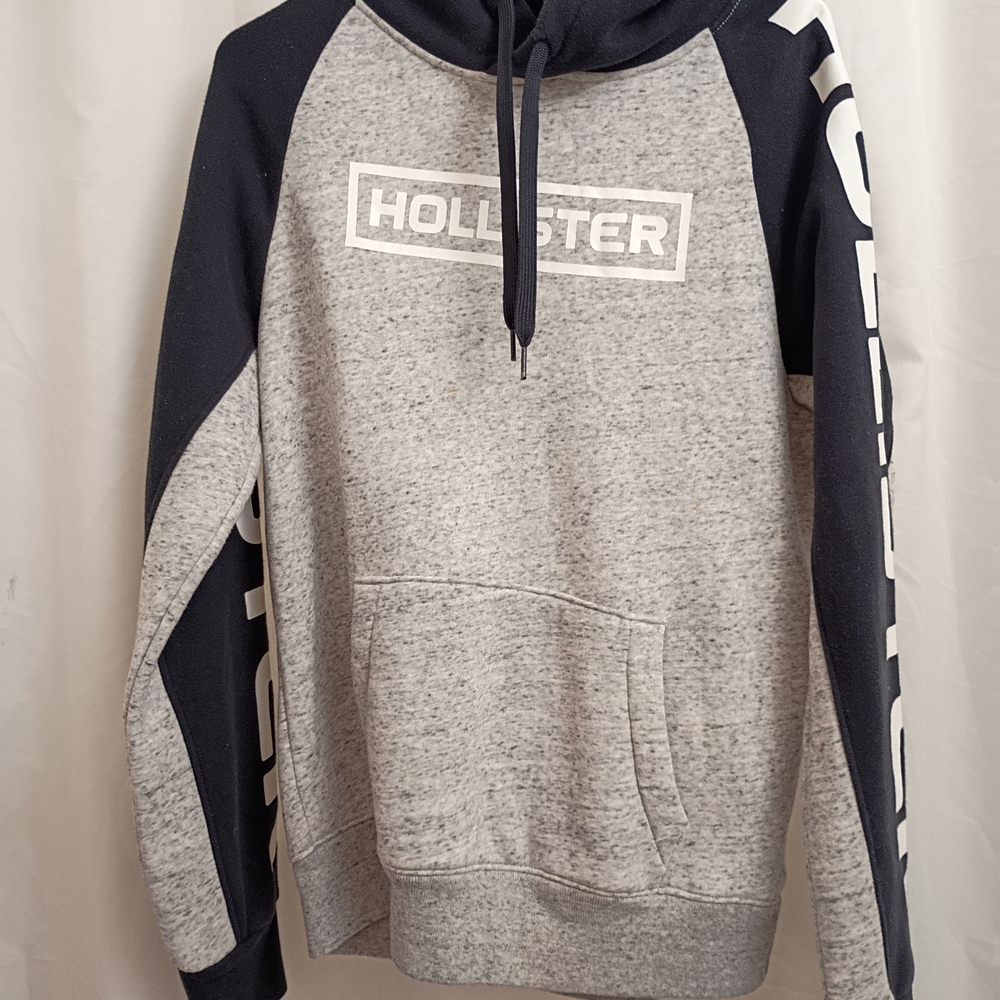 Hollister Men's Black and Gray Logo Hoodie